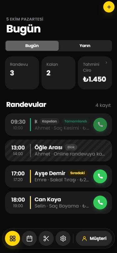 Dükkan panelinde bugünün randevuları
